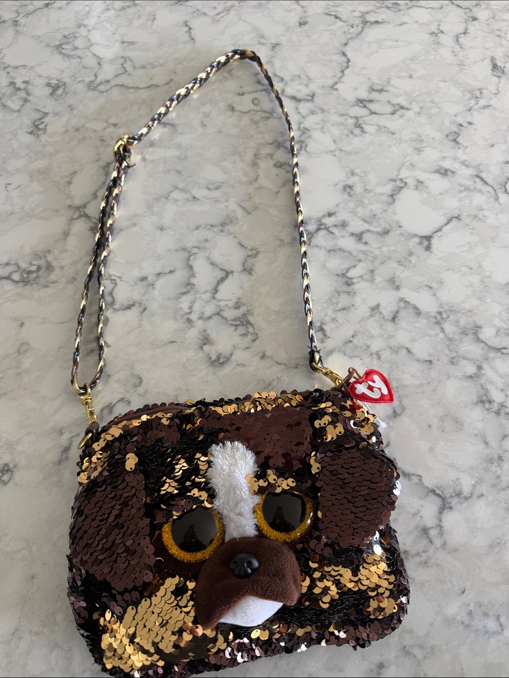 Ty Sequin Puppy Crossbody Bag - Brown, Gold & White